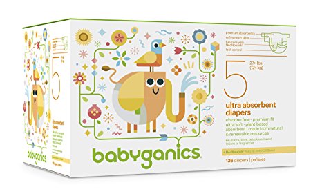 Babyganics Ultra Absorbent Diapers Economy Pack, Size 5, 136 Count