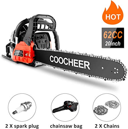 COOCHEER 20 Inch Gas Powered Chainsaw 62CC 2 Stroke Chain Saw Woodcutting Saw with 2 Chains, Storage Bag, Tool Kit for Trees, Branches, Wood, Red