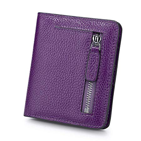 S-ZONE Women's Small Compact Genuine Leather Bi-fold Pebble RFID Blocking Wallet Bifold with Coin Holder and Picture ID Window Purse Pocket Wallet (Dark Purple)