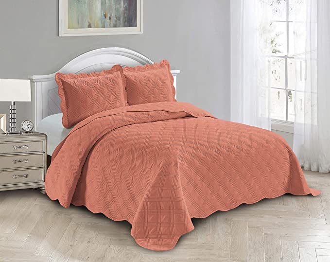 Fancy Linen 3pc Embossed Coverlet Bedspread Set Oversized Bed Cover Solid Modern Squared Pattern New # Jenni (Full/Queen, Coral)