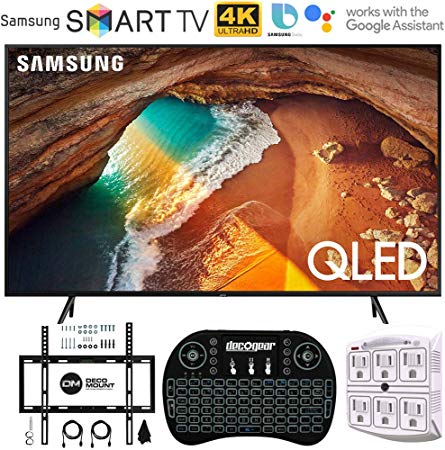 Samsung QN55Q60RA 55" Q60 QLED Smart 4K UHD TV with 1 Year Warranty (2019 Model)(Renewed) Flat Wall Mount Bundle with Deco Gear 2.4GHz Wireless Keyboard Smart Remote and 6-Outlet Surge Protector