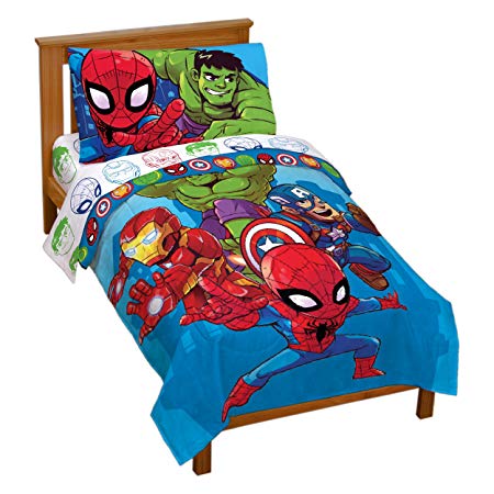 Jay Franco Marvel Avengers Heroes Amigos 4 Piece Toddler Bed Set – Super Soft Microfiber Bed Set – Bedding Features Captain America, Hulk, Iron Man, and Spiderman (Official Marvel Product)