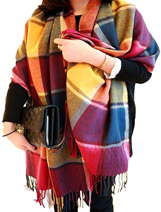 CHASOEA Womens Tassels Plaid Blanket Tartan Scarf Long Shawl Winter Warm Lattice Large Scarf