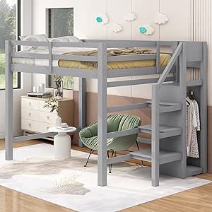 Harper & Bright Designs Full Loft Bed, Loft Bed Full Size with Storage Staircase and Wardrobe for Clothes, Wooden High Loft Bed Frame for Kids Girls Boys Bedroom, Grey