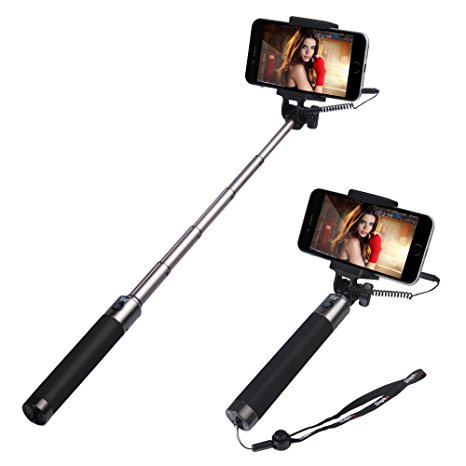 Selfie Stick, Evershop Extendable Battery Free Wired Selfie Stick for iPhone 6S/6S Plus/6/6 Plus/SE,Galaxy S8/S8 Plus/S7/S7 Edge/S6 Edge/S6,Huawei P10/P10 Plus and other Smartphones(Black)