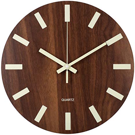 BEW Luminous Wall Clock, Classic No Numerals Wood Grain, Silent Non-Ticking Battery Operated, Retro Decorative Clock for Living/Dining/Kids Bedroom/Kitchen (12 Inch)