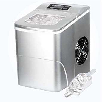 Countertop Ice Maker Portable Ice Making Machine with Timer -Bullet Ice Cubes Ready in 6 Mins - Makes 26 lbs Ice in 24 hrs - Perfect for Home/Office/Bar, LCD Display & Ice Scoop & Bucket(Silver)