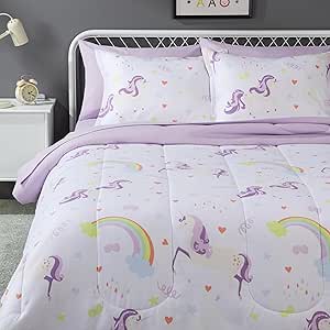 Amazon Basics Microfiber Kid's Bed-in-a-Bag 7 Piece Bedding Set, Full/Queen, Unicorn Print