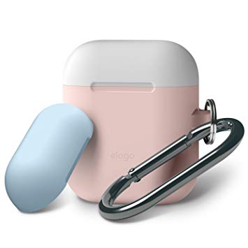 elago AirPods Duo Hang Case [Body:Lovely Pink/TOP: White, Pastel Blue] - [Extra Protection] [Hassle Free][Added Carabiner] - for AirPods Case