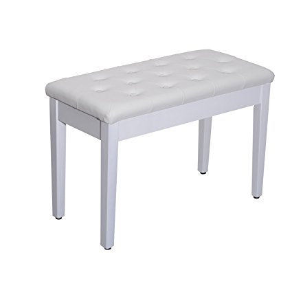 HomCom Faux Leather Padded Double / Duet Piano Bench w/ Music Storage - White