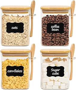 ComSaf 31oz Glass Jars with Bamboo Lids & Spoons Set of 4, Square Glass Containers with Lids, Sugar Coffee Containers Salt Spice Jars, Pantry Storage Container for Loose Tea, Candy, Brown Sugar, Nuts