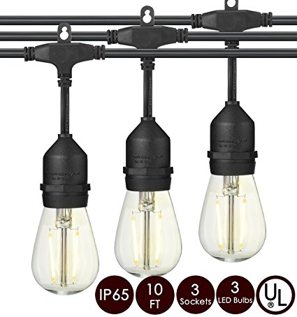 LED Outdoor String Lights E26 Dropped Sockets and Hanging Loops Lights Weatherproof Indoor/Outdoor string lights,Edison Commercial Christmas Decorative Patio Lights UL Listed(10 FT,3 Bulbs)