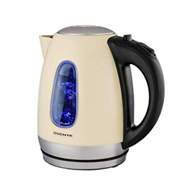 Ovente Electric Kettle, Cordless Tea and Water Heater, Automatic Shut-Off & Boil-Dry Protection, BPA-Free, Stainless Steel, Concealed Heating Element, 1100W, 1.7L (Beige)