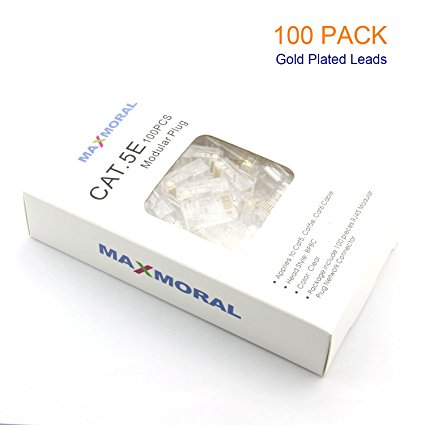 Maxmoral 100-Pack of Gold Plated Cat5e RJ45 Modular Connectors for Stranded Cat5e Cable