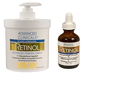Advanced Clinicals 2 piece retinol skin care set. 16oz Spa Size Retinol Firming Cream and 1.75oz Retinol Serum for wrinkles, fine lines, age spots.