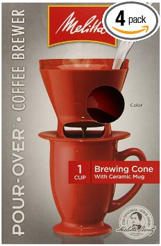 Melitta Single Cup Pour-Over Coffeemaker with Red Brewing Cone and Ceramic Coffee Mug (Pack of 4)