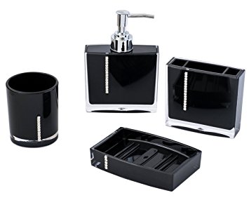 JustNile Custom Jewel Series 4-Piece Bathroom Set Made of Durable Acrylic Plastic; Includes Soap Dish, Toothbrush Holder, Round Tumbler and Soap Dispenser; Easy to Clean – Translucent Black