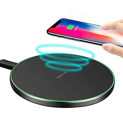 10W Fast Wireless Charger Pad/Mat Upgraded,QI-Certified Ultra Thin Round Alloy Wireless Charging Station Compatible with iPhone Xs XR Max iXR X 8/8P/Galaxy S9 S8 S7 Note 9/8 Huawei Mate20(Black)