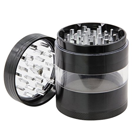 Large Spice Tobacco Weed Grinder - Four Piece with Pollen Catcher - Aluminium Herb Mill with Visible Transparent Chamber 2.5 Inches 63LTH (Black)