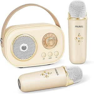 PRUNUS Mini Karaoke Machine for Kids&Adults,Portable Bluetooth Speaker with 2 Wireless Microphones and Stereo Sound Enhanced Bass,Gifts for Girls Boys Home Party Birthday(Beige)