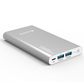 Kinps Battery Pack 10000 mAh Portable Series Pocket-Size External Portable Charger Universal Compatibility Dual Ports Total Output 3.5A Power Bank with Aluminum Case (Silver)