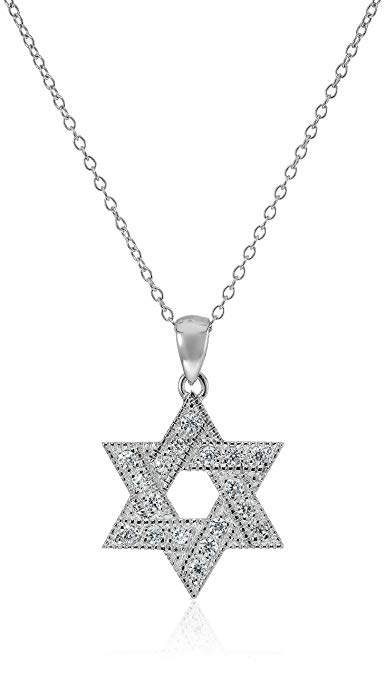 Rhodium Plated Sterling Silver Round White Cubic Zirconia Star of David Pendant Necklace, 18"