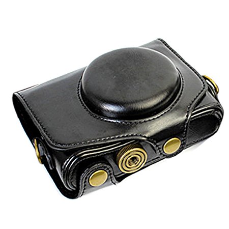 CEARI Leather DSLR Camera Case Bag with Neck Strap for Canon Powershot SX720 HS Digital SLR Camera - Black