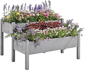 Yaheetech 47x41x30in Wooden Raised Garden Bed Horticulture Outdoor 2 Tiers Elevated Planter Grow Box for Herb with Legs & Drainage Holes, Gray