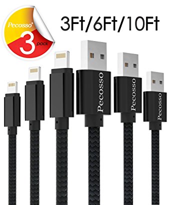 iphone Cable, Pecosso Lightning Cable : 3 Pack (10ft/6ft/3ft) Lightning to USB Fast Charging Cable, Nylon Braided Sync Cord Combination for iPhone 7/7plus/6s/6s plus/6/5s/iPad/iPod/Beats Pill - Black