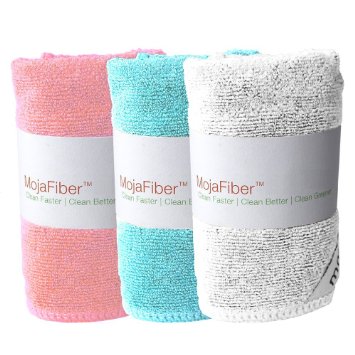 Plush MojaFiber Microfiber Face Cloth: Ultra Dense 3 Pk - 12"x12"| Exfoliate & Cleanse Pores | Easily Remove Makeup & Dead Skin Cells | Water or Light Soap | Tighten Skin & New Skin Growth, Variety
