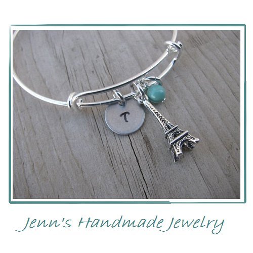 Hand-Stamped Bangle Bracelet Eiffel Tower Charm with your choice of initial, bead and bangle