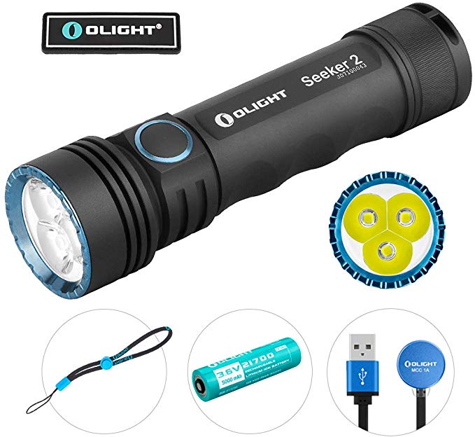 Olight® Seeker 2 3000 Lumens Powerful Rechargeable Flashlight, with 1x21700 5000mAh Battery and USB MCC Magnetic Charger, Side Switch Power Level Indicator Light Bundle with Olight Patch