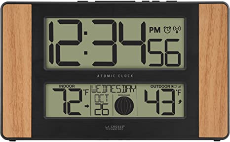 La Crosse Technology 513-1417 Atomic Digital Clock with Outdoor Temperature, Oak Finish