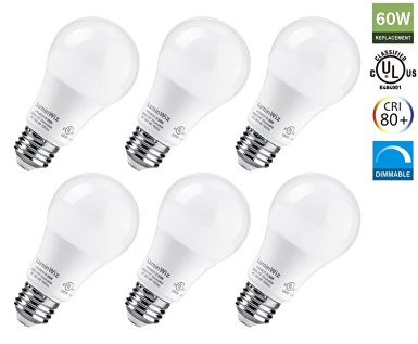 A19 LED Bulb, LuminWiz 9W 3000K 700lm Dimmable UL-Listed LED Light Bulbs 60W Equivalent,E26 Base,Energy Star,Soft White,6-Pack