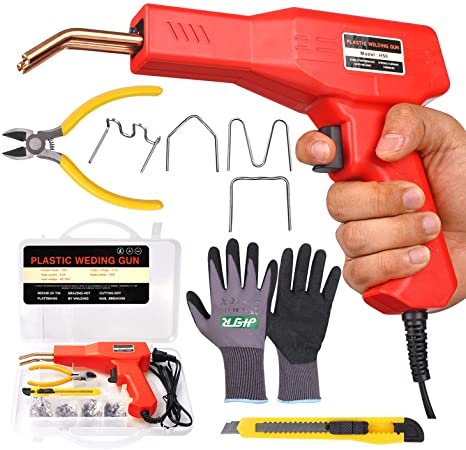 ZSCM Plastic Welder Bumper Repair Kit,Hot Stapler Plastic Welding Machine,Welding Plastic Gun Kit Plier Flat/Outside Corner/Inside Corner/Wave Staples with Carry Case and Protective Gloves (Red,)