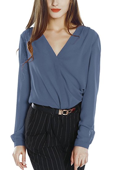 Womens V Neck Long Sleeve Ruffled Shoulder Solid Chiffon Blouse