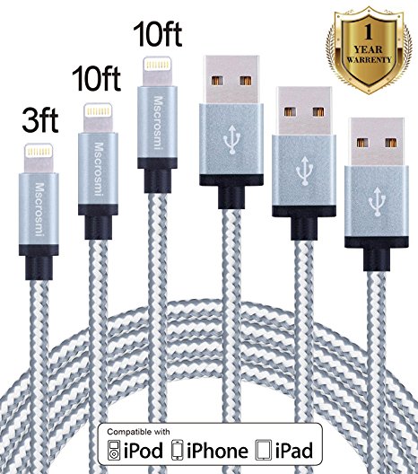 Mscrosmi 1Pack 3FT 2 Pack 10FT Lightning Cable Nylon Braided Lightning to USB Cable Sync iPhone 7/7 plus/6/6s/6 plus/6s plus, 5c/5s/5/SE, iPad 4/Air/Mini, iPad Pro, iPod Nano/Touch (gray silver)