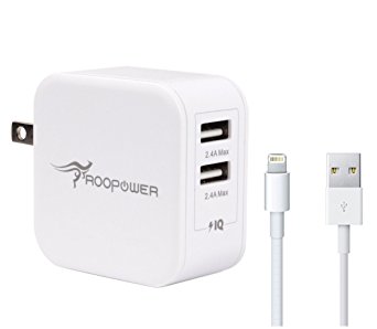 Dual USB Charger, Roopower 24W 4.8A Wall Charger Portable Power Adapter with Foldable Plug, FREE Lightning to USB Cable for Apple iPhone, iPad,iPod, Samsung, Sony, LG Smartphones and More-White