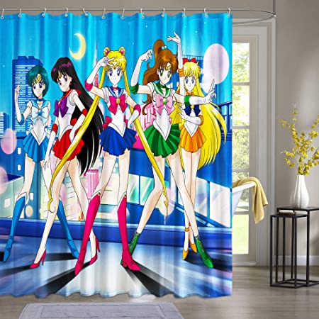 Sailor Moon Shower Curtain Anime Merchandise for Bathroom Waterproof Fabric Shower Curtain with Hooks 72x72in