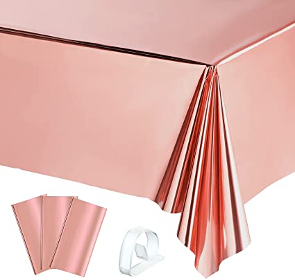 3 Pieces Rose Gold Foil Party Rectangular Table Covers Table Cloth 54 x 108 Inch Shiny Plastic Waterproof Tablecloth Party Table Cover with 12 Clips for Wedding Rose Gold Party Anniversary Engagement