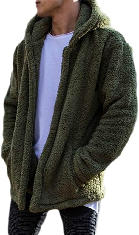 Nicetage Mens Fuzzy Sherpa Fleece Hoodie Lightweight Jacket Open Front Cardigans Coat with Pockets (No Zipper)