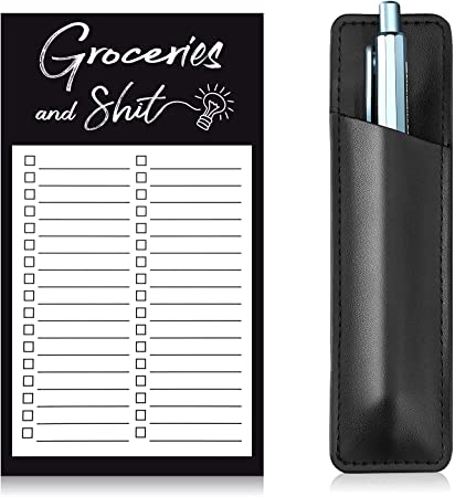 Magnetic Grocery List Pads Funny Memo Notepad Magnet Refrigerator Notepad with 1 Piece Pen Holder Magnetic PU Leather Marker Pouch for Shopping and to Do Lists