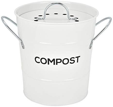 INDOOR KITCHEN COMPOST BIN by Spigo, Great for Food Scraps, Includes Charcoal Filter For Odor Absorbing, Removable Clean Plastic Bucket, Handles, Durable Stainless Retro Design, 1 Gallon, White