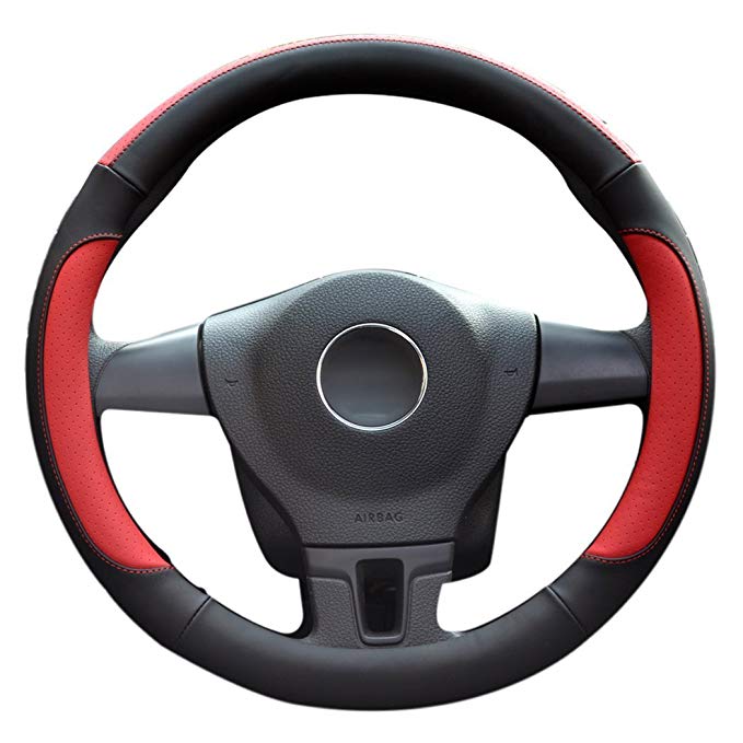 LucaSng Car Steering Wheel Cover,Diameter 14 inch,PU Leather,for Full Seasons,Black and red,Size S