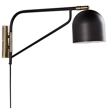 Rivet Mid-Century Swiveling Wall Sconce with Bulb, 11"H, Black and Antique Brass