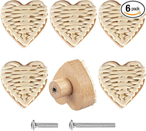 ANPHSIN Boho Rattan Dresser Knobs- Heart Shape Durable Beech Wood Drawer Knobs Handmade Wicker Woven Pulls with 12 Screws for Cabinets, Furniture (6 Pack, White)