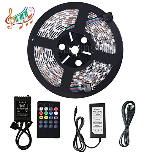 Minger Music LED Strip Lights 16.4ft(5m)RGB 5050 300leds Strip Rope Lighting Full Kit with 20-keys Music IR Remote Controller & 5A Power Supply for Home Kitchen Gardens Cars DIY Party Decoration