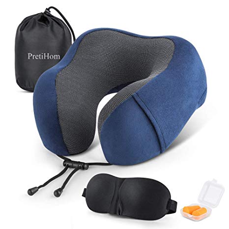 PretiHom Travel Pillow, Neck Pillow for Airplane Travel 100% Pure Memory Foam with 3D Contoured Eye Masks Comfortable and Breathable 360° Head & Neck Support