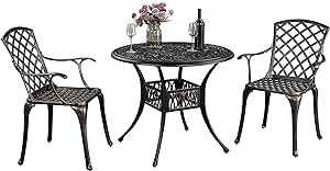 Yaheetech 3 Piece Outdoor Furniture Dining Set, 2pcs Patio Dining Chairs with Armrests   Outdoor Bistro Table with Umbrella Hole Cast Aluminium Bistro Set for Garden Backyard Deck