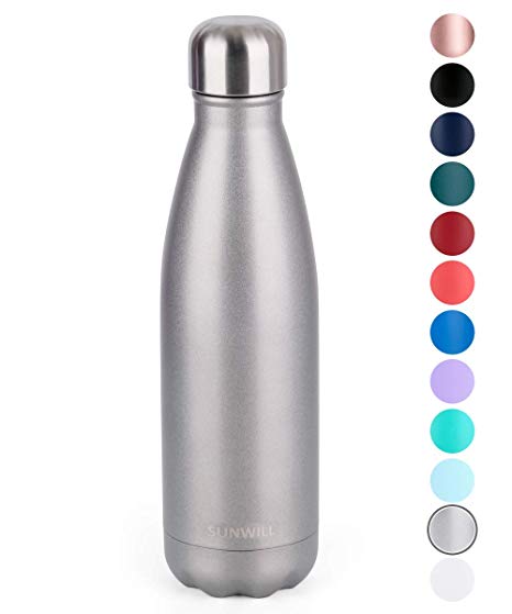 SUNWILL Insulated Stainless Steel Water Bottle Cool Grey, Vacuum Double Wall Sports Water Bottle 17oz, Cola Shape Travel Thermal Flask